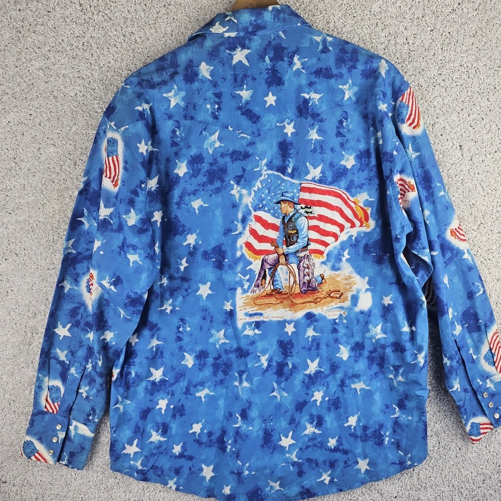 VTG Wrangler Shirt XL Pearl Snap USA Flag‎ Patriotic Cowboy Western July 4th BBQ
